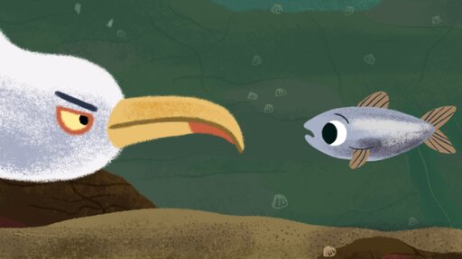 Ein Zeichentrick Vogel beobachtet einen Fisch unter Wasser.